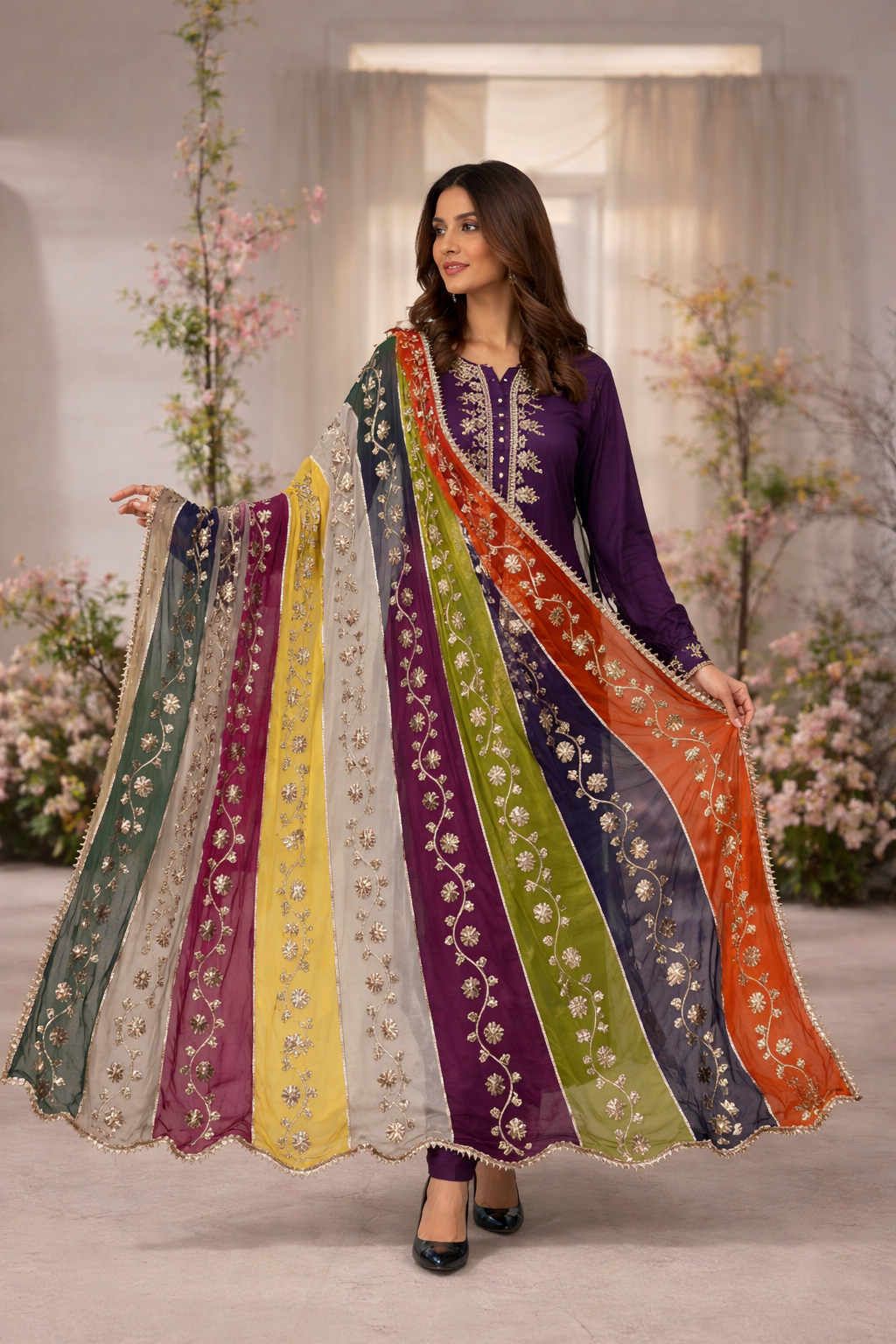Handmade LCD Gotta work multi-shaded dupatta on chiffon fabric