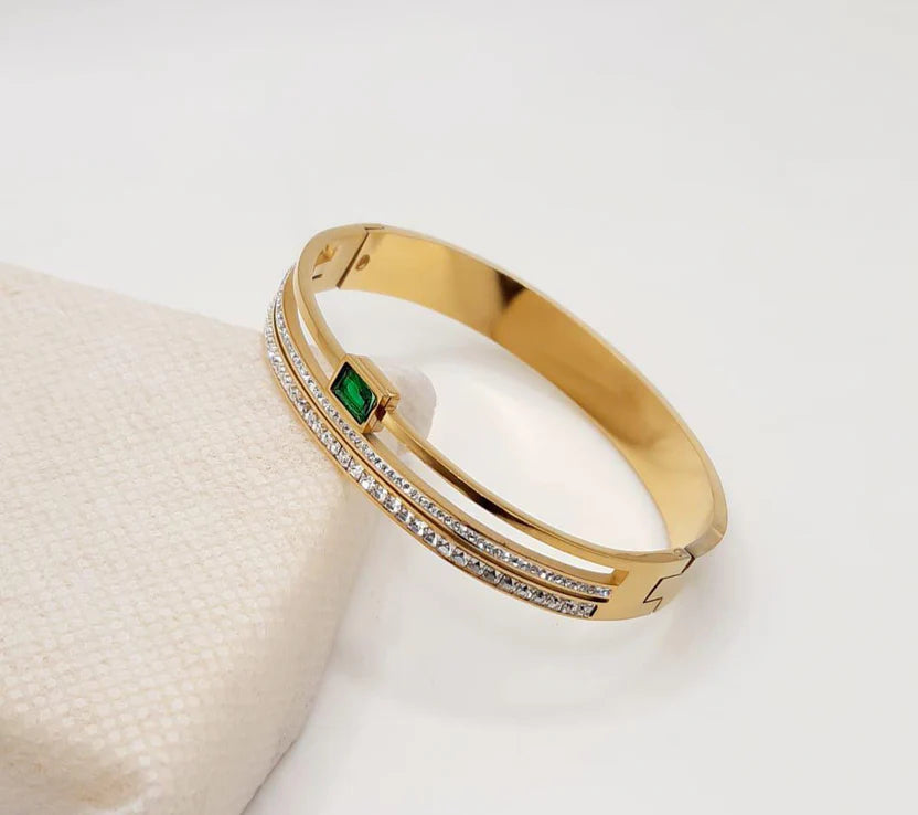 Luxury Golden Plated Bracelet for Women | Emerald Green Stone & Zircon Crystal Bangle