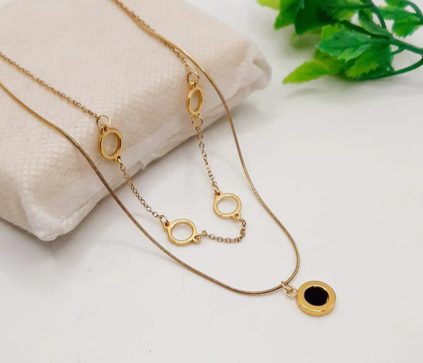 Elegant Golden Layered Necklace With Black Circle Pendant