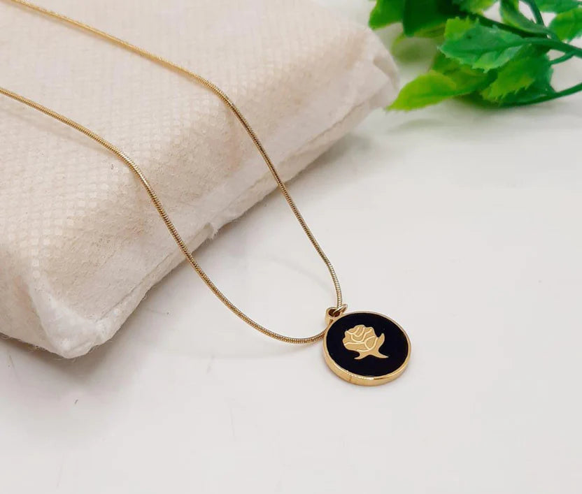 Golden Plated Black Rose Pendant Necklace For Women Elegant Minimal Jewelry
