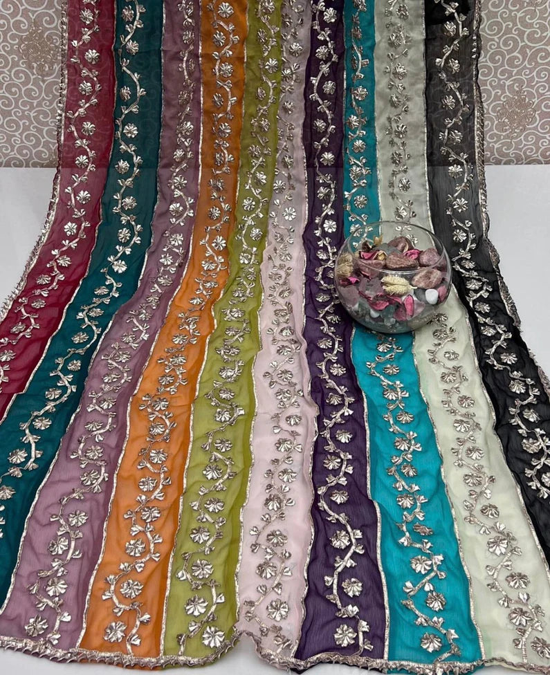 Handmade LCD Gotta work multi-shaded dupatta on chiffon fabric