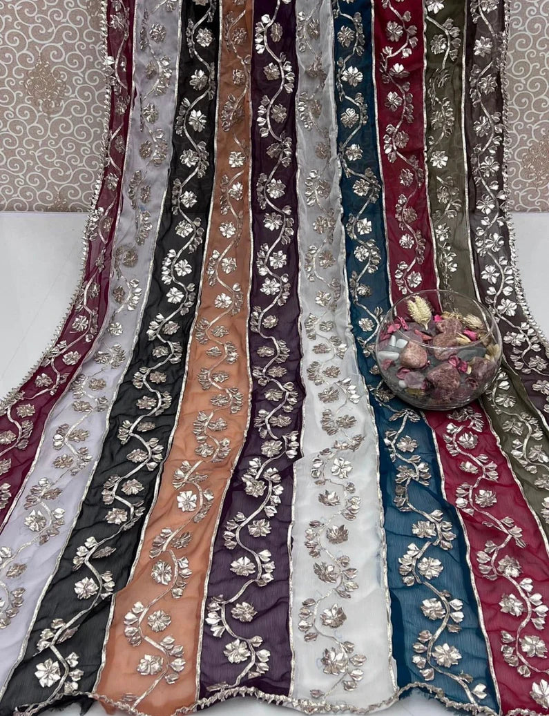 Handmade LCD Gotta work multi-shaded dupatta on chiffon fabric